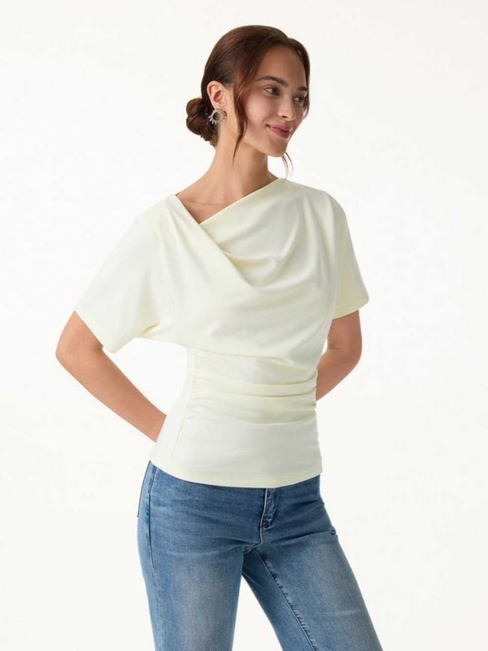 OGL Asymmetrical Cowl Neck Ruched Top In Ruby Red - Picture 8 of 10
